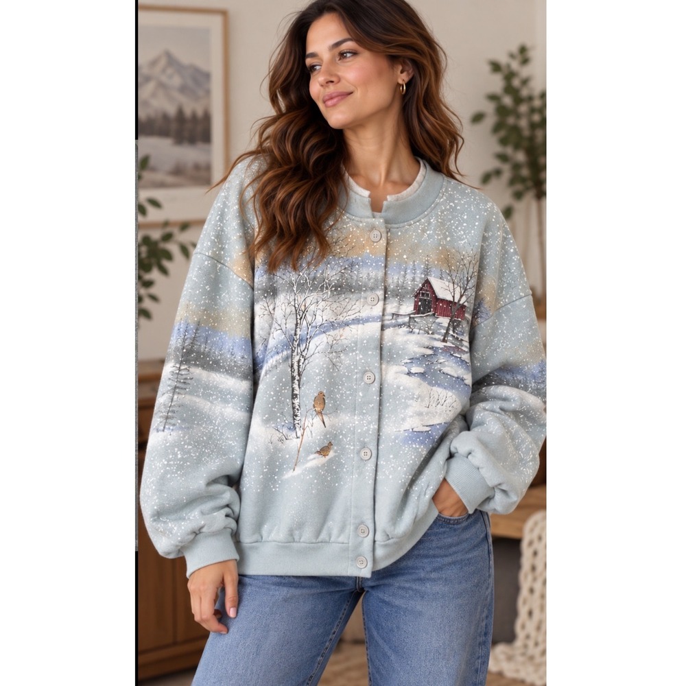 VTG Artisans Cardigan Sweatshirt Womens XXL Blue Winter Scene Bridge Cozy